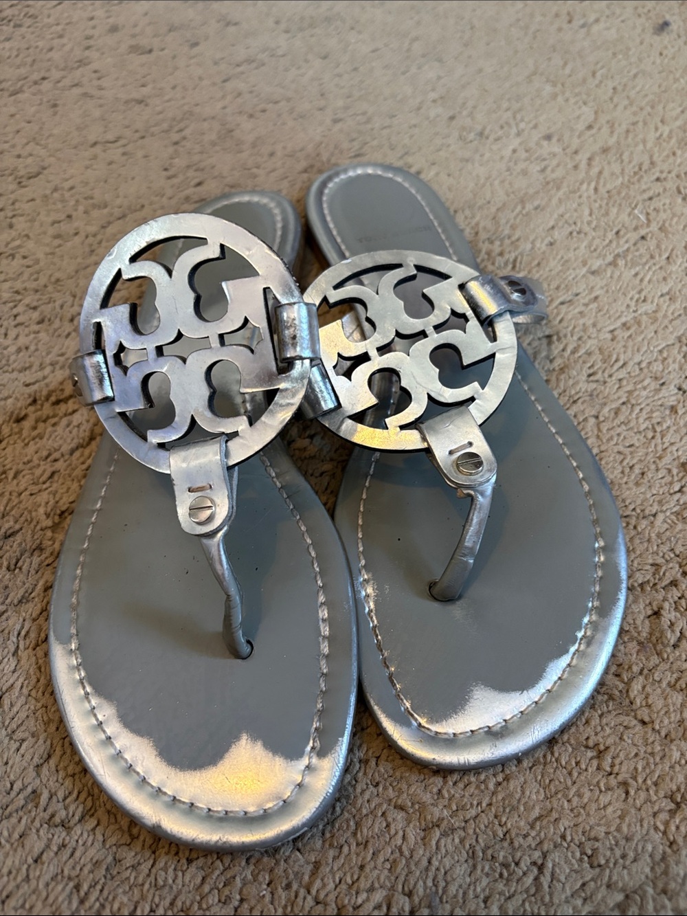 Tory Burch Silver Metallic Miller Logo Thong Sandals